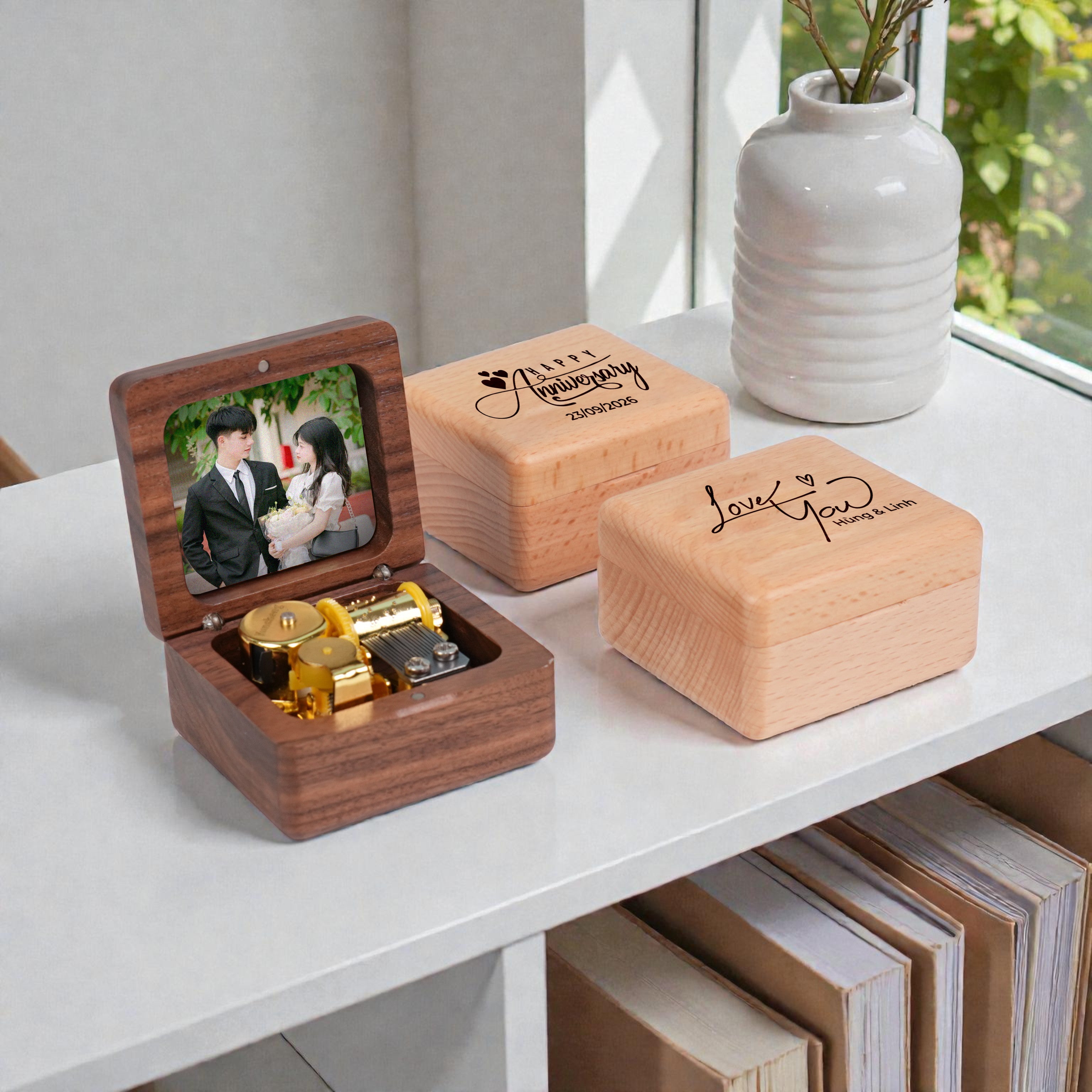 Hộp nhạc cót khắc tên, in hình theo yêu cầu, hộp gỗ óc chó cao cấp, musicbox - quà tặng sinh nhật, kỷ niệm