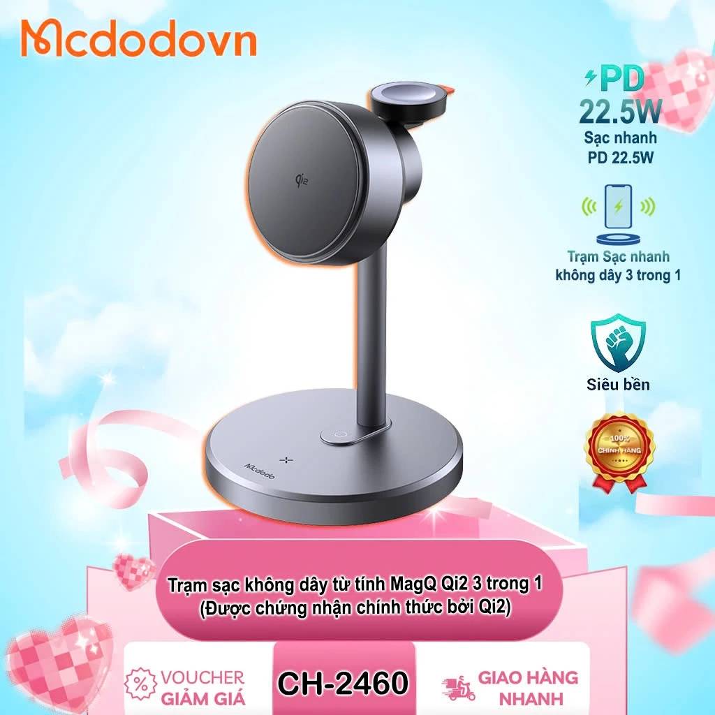 Trạm Sạc Không Dây Từ Tính CH-2460 – MagQ 3 Trong 1, Hỗ Trợ Qi2, Sạc iPhone – Apple Watch – AirPods